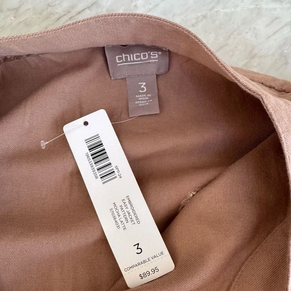 Chico's Dusty Rose Embroidered Collarless Blazer